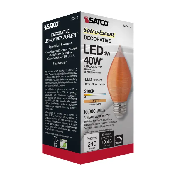 4 Watt C15 LED Filament - Satin Spun - Amber - Medium base - 2100K - 240 Lumens - 120 Volt - Image 10
