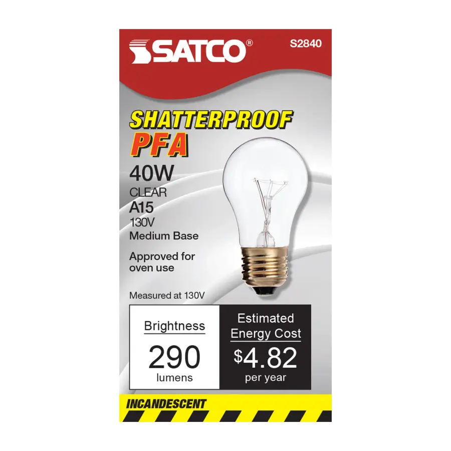 40 Watt A15 Incandescent - Clear - Appliance Lamp - 2500 Average rated hours - 300/225 Lumens - Medium base - 130/120 Volt - Teflon/PFA Shatterproof - Image 3