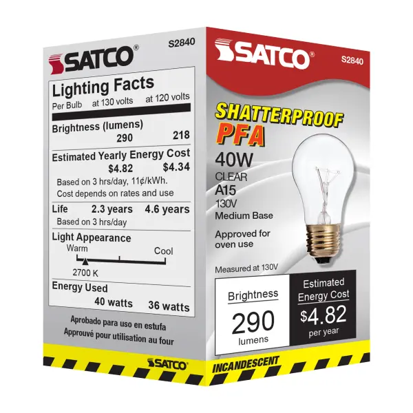40 Watt A15 Incandescent - Clear - Appliance Lamp - 2500 Average rated hours - 300/225 Lumens - Medium base - 130/120 Volt - Teflon/PFA Shatterproof - Image 7
