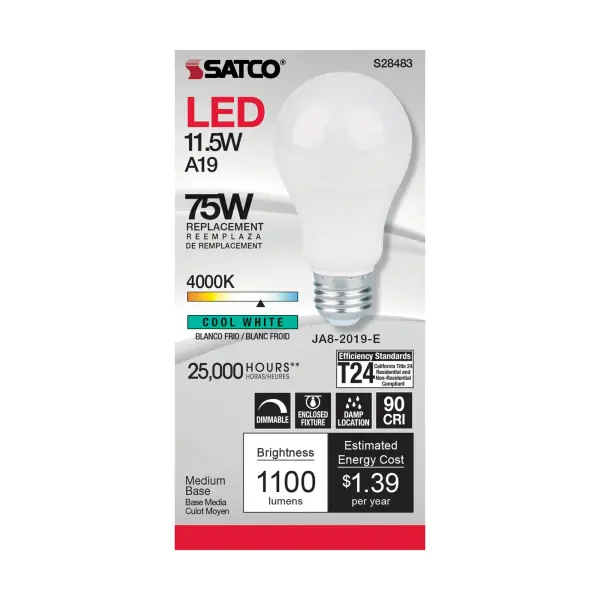 11.5 Watt - A19 LED - 90CRI - 4000K - Medium base - 220 deg. Beam Angle - 120 Volt - 1100 Lumens - CEC - Image 2