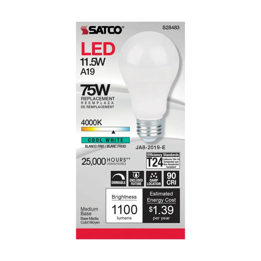 11.5 Watt - A19 LED - 90CRI - 4000K - Medium base - 220 deg. Beam Angle - 120 Volt - 1100 Lumens - CEC - Image 2