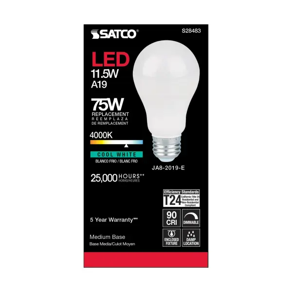 11.5 Watt - A19 LED - 90CRI - 4000K - Medium base - 220 deg. Beam Angle - 120 Volt - 1100 Lumens - CEC - Image 3