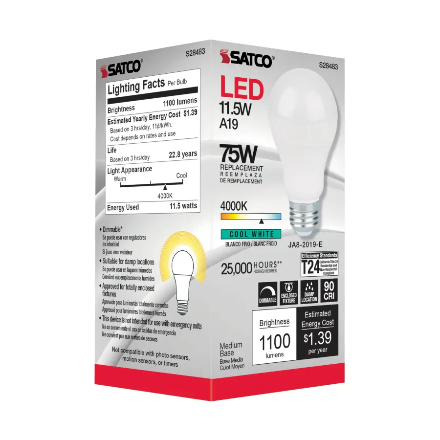 11.5 Watt - A19 LED - 90CRI - 4000K - Medium base - 220 deg. Beam Angle - 120 Volt - 1100 Lumens - CEC - Image 4