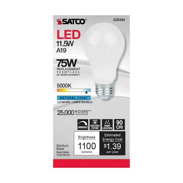 11.5 Watt - A19 LED - 90CRI - 5000K - Medium base - 220 deg. Beam Angle - 120 Volt - 1100 Lumens - CEC - Image 2