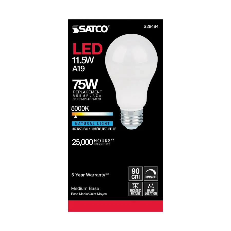 11.5 Watt - A19 LED - 90CRI - 5000K - Medium base - 220 deg. Beam Angle - 120 Volt - 1100 Lumens - CEC - Image 3