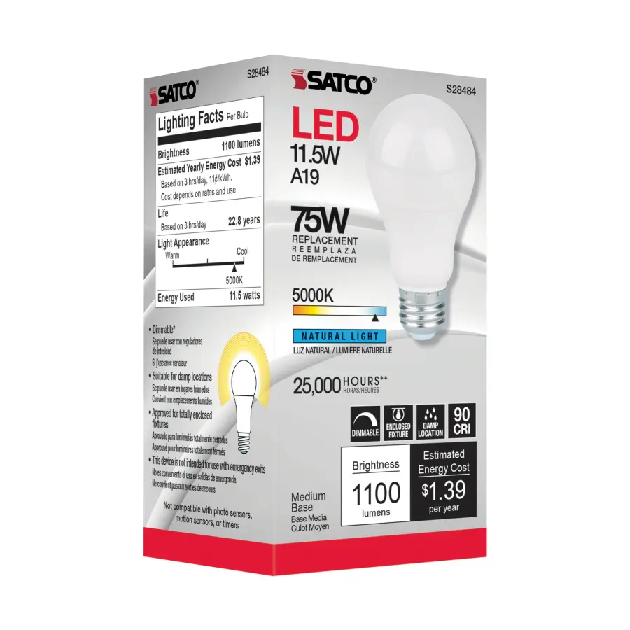 11.5 Watt - A19 LED - 90CRI - 5000K - Medium base - 220 deg. Beam Angle - 120 Volt - 1100 Lumens - CEC - Image 4