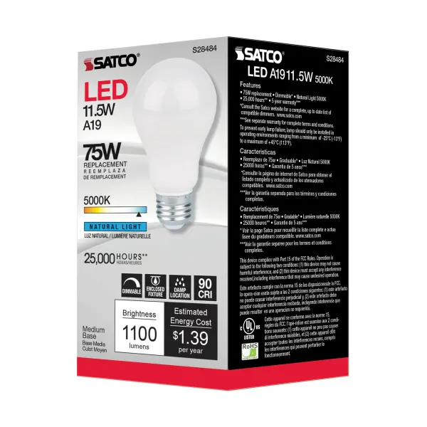 11.5 Watt - A19 LED - 90CRI - 5000K - Medium base - 220 deg. Beam Angle - 120 Volt - 1100 Lumens - CEC - Image 5