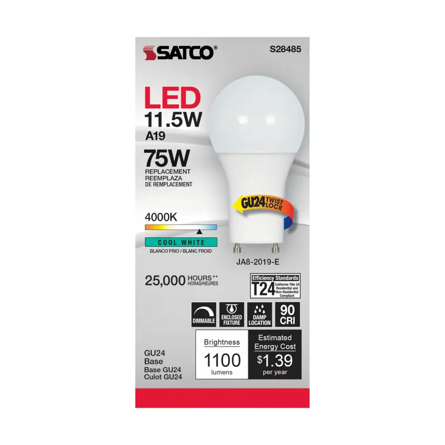 11.5 Watt - A19 LED - 90CRI - 4000K - GU24 base - 220 deg. Beam Angle - 120 Volt - 1100 Lumens - CEC - Image 2