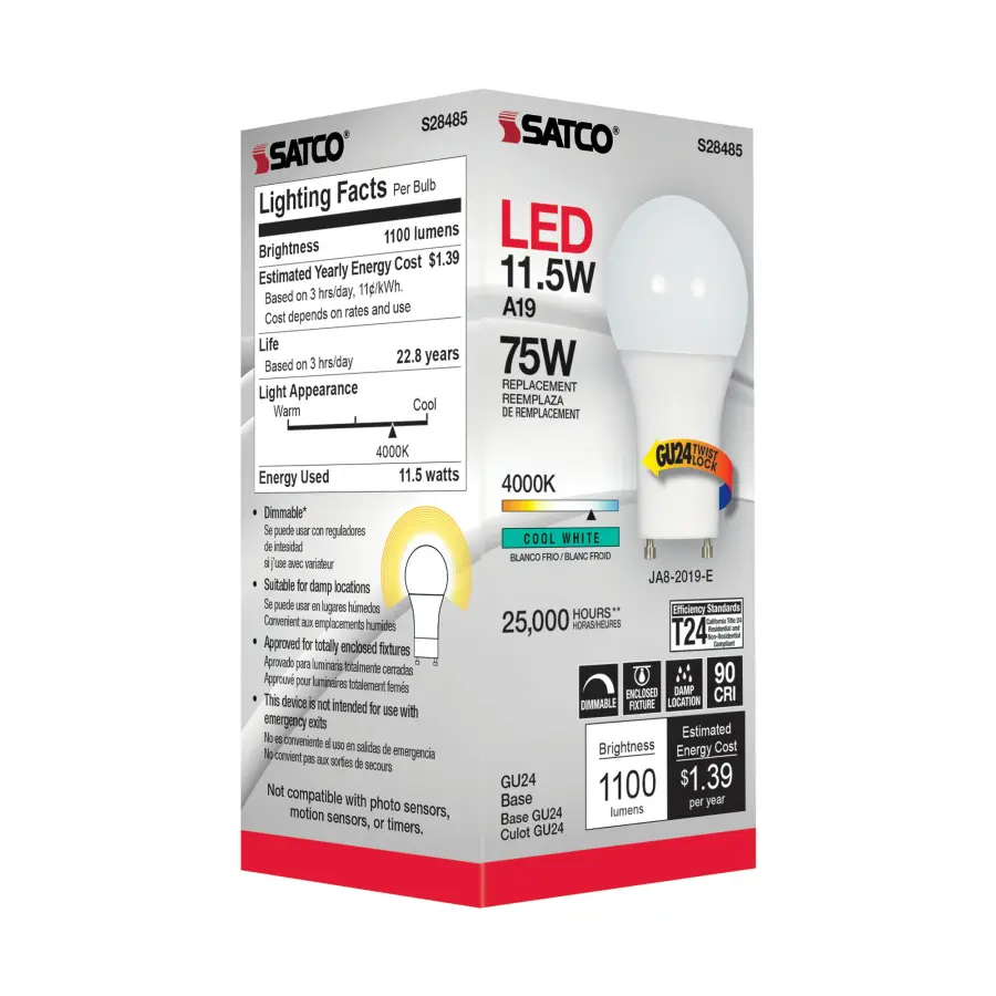 11.5 Watt - A19 LED - 90CRI - 4000K - GU24 base - 220 deg. Beam Angle - 120 Volt - 1100 Lumens - CEC - Image 4