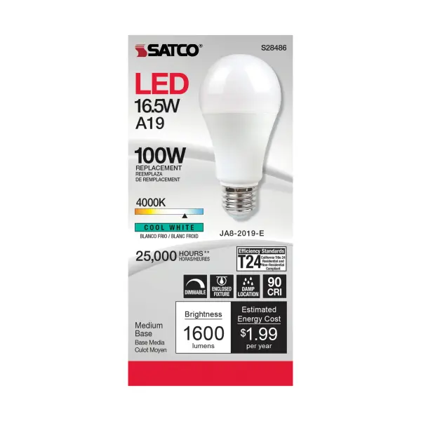 16.5 Watt - A19 LED - 90CRI - 4000K - Medium base - 220 deg. Beam Angle - 120 Volt - 1600 Lumens - CEC - Image 2