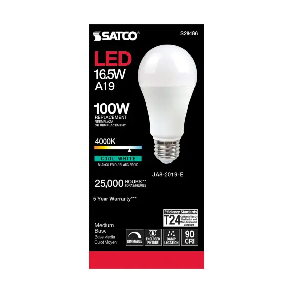 16.5 Watt - A19 LED - 90CRI - 4000K - Medium base - 220 deg. Beam Angle - 120 Volt - 1600 Lumens - CEC - Image 3