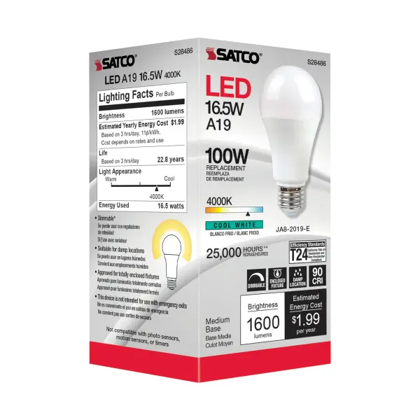 16.5 Watt - A19 LED - 90CRI - 4000K - Medium base - 220 deg. Beam Angle - 120 Volt - 1600 Lumens - CEC - Image 4