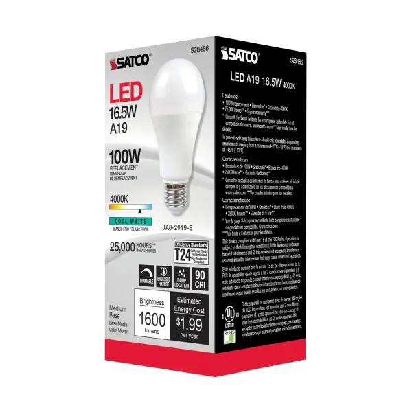 16.5 Watt - A19 LED - 90CRI - 4000K - Medium base - 220 deg. Beam Angle - 120 Volt - 1600 Lumens - CEC - Image 5
