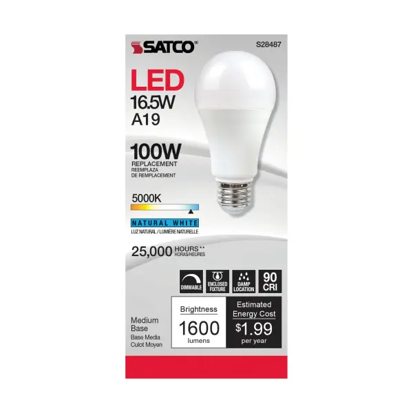 16.5 Watt - A19 LED - 90CRI - 5000K - Medium base - 220 deg. Beam Angle - 120 Volt - 1600 Lumens - CEC - Image 2