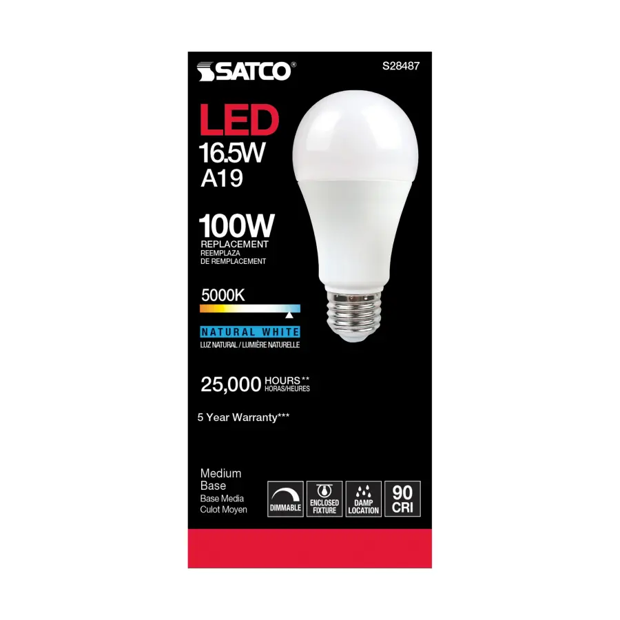 16.5 Watt - A19 LED - 90CRI - 5000K - Medium base - 220 deg. Beam Angle - 120 Volt - 1600 Lumens - CEC - Image 3
