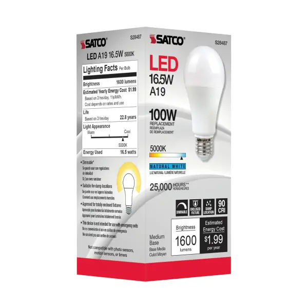 16.5 Watt - A19 LED - 90CRI - 5000K - Medium base - 220 deg. Beam Angle - 120 Volt - 1600 Lumens - CEC - Image 4