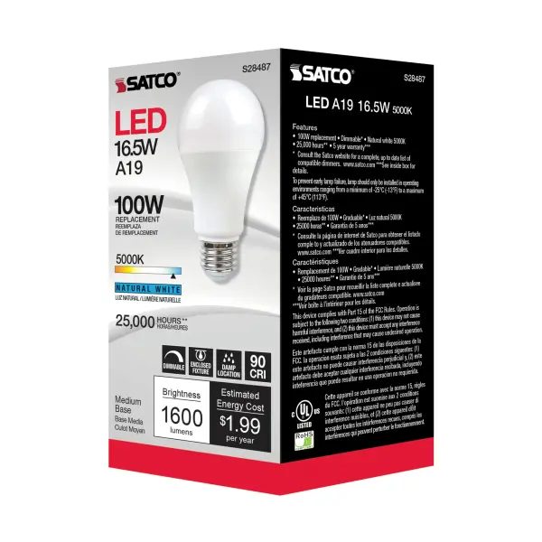 16.5 Watt - A19 LED - 90CRI - 5000K - Medium base - 220 deg. Beam Angle - 120 Volt - 1600 Lumens - CEC - Image 5