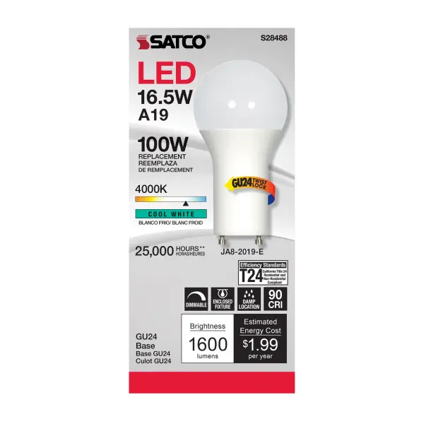 16.5 Watt - A19 LED - 90CRI - 4000K - GU24 base - 220 deg. Beam Angle - 120 Volt - 1600 Lumens - CEC - Image 2