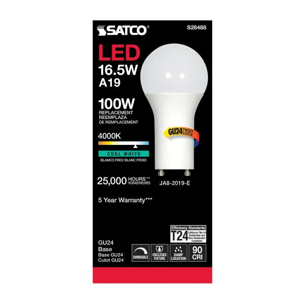 16.5 Watt - A19 LED - 90CRI - 4000K - GU24 base - 220 deg. Beam Angle - 120 Volt - 1600 Lumens - CEC - Image 3