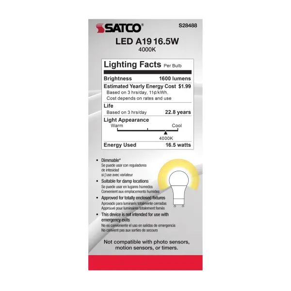 16.5 Watt - A19 LED - 90CRI - 4000K - GU24 base - 220 deg. Beam Angle - 120 Volt - 1600 Lumens - CEC - Image 5