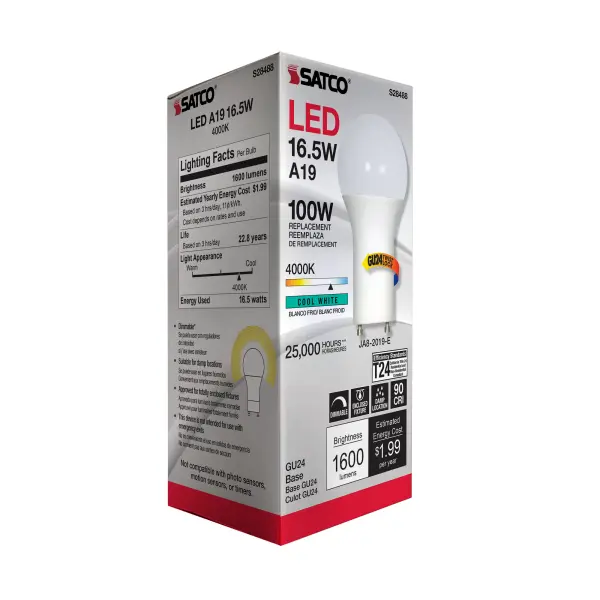 16.5 Watt - A19 LED - 90CRI - 4000K - GU24 base - 220 deg. Beam Angle - 120 Volt - 1600 Lumens - CEC - Image 8