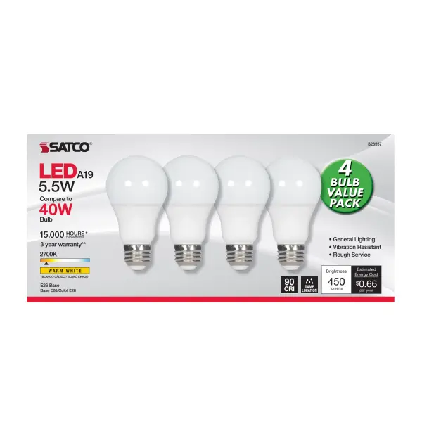 5.5 Watt - A19 LED - Frosted - 2700K - Medium base - 120 Volt - 4-pack - Image 2