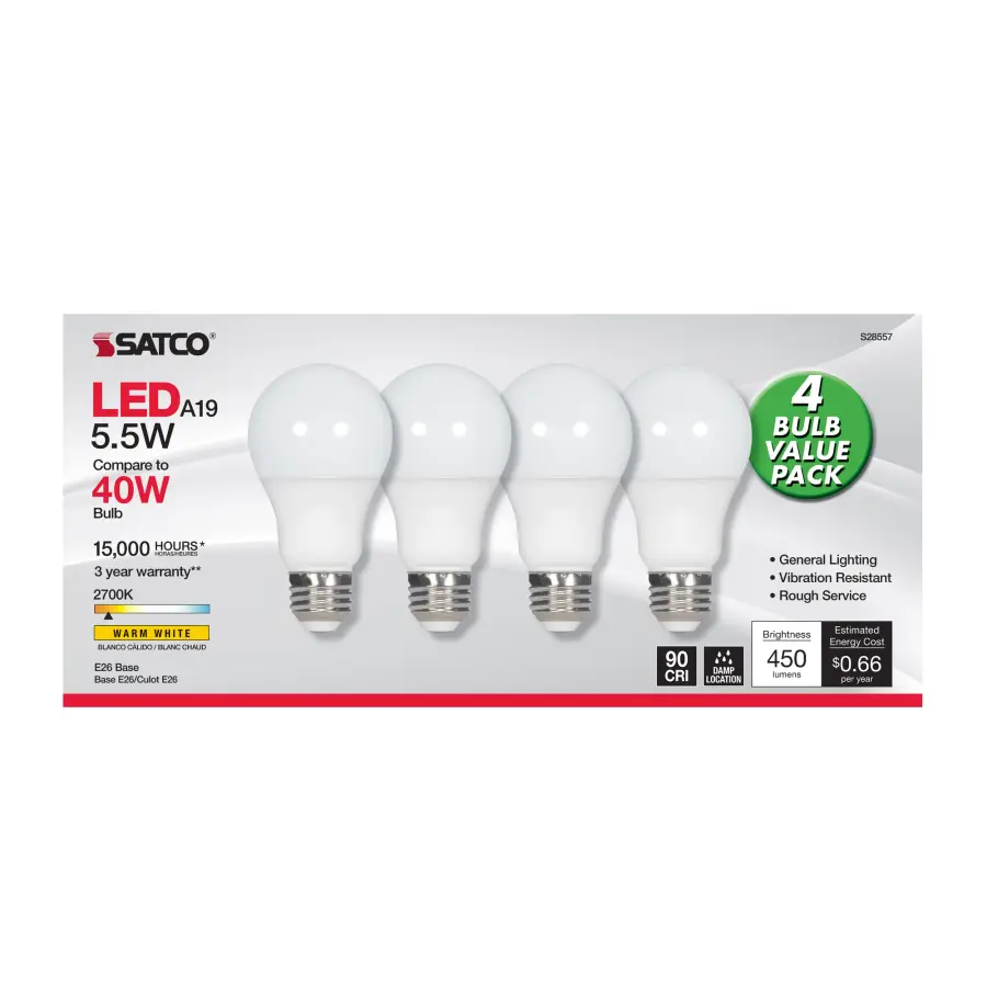 5.5 Watt - A19 LED - Frosted - 2700K - Medium base - 120 Volt - 4-pack - Image 2