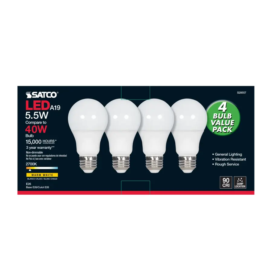 5.5 Watt - A19 LED - Frosted - 2700K - Medium base - 120 Volt - 4-pack - Image 3