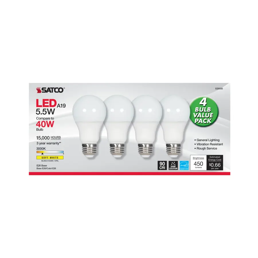 5.5 Watt - A19 LED - Frosted - 3000K - Medium base - 120 Volt - 4-pack - Image 2
