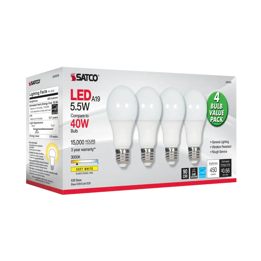 5.5 Watt - A19 LED - Frosted - 3000K - Medium base - 120 Volt - 4-pack - Image 3