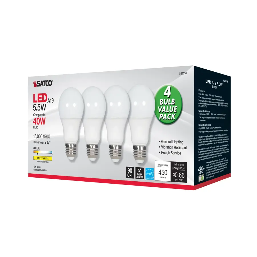 5.5 Watt - A19 LED - Frosted - 3000K - Medium base - 120 Volt - 4-pack - Image 4