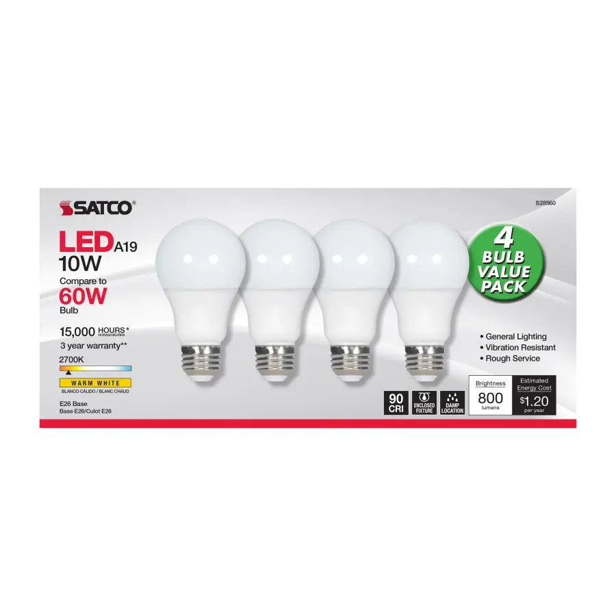 10 Watt - A19 LED - Frosted - 2700K - Medium base - 120 Volt - 4-pack - Image 2