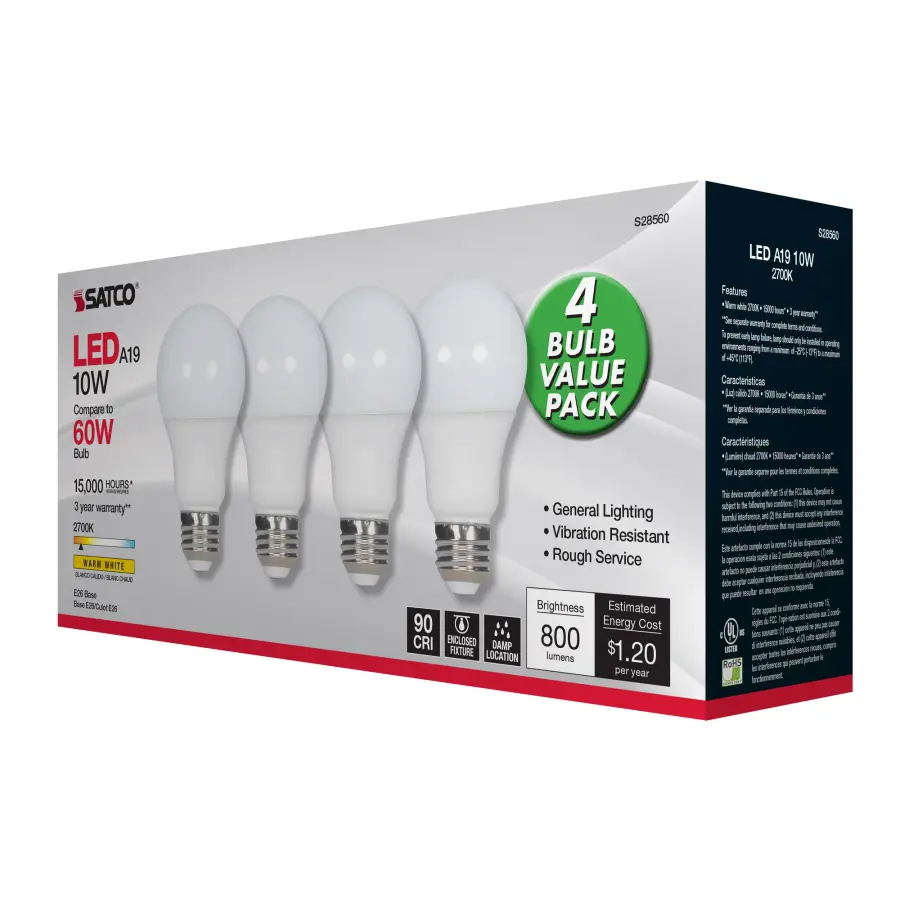 10 Watt - A19 LED - Frosted - 2700K - Medium base - 120 Volt - 4-pack - Image 6