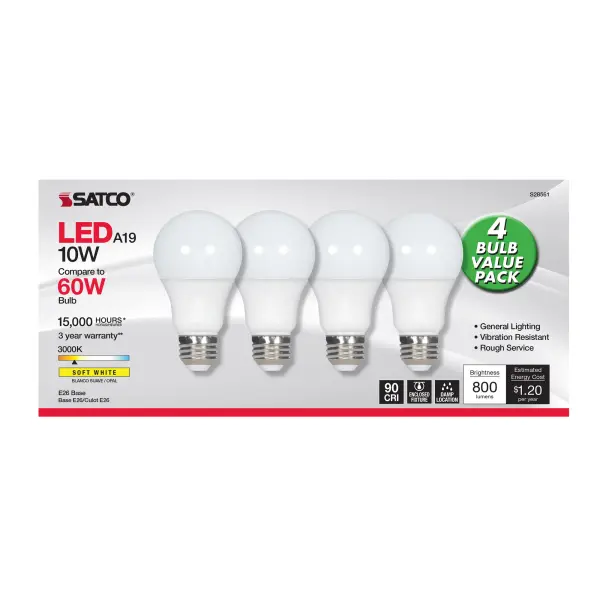 10 Watt - A19 LED - Frosted - 3000K - Medium base - 120 Volt - 4-pack - Image 2
