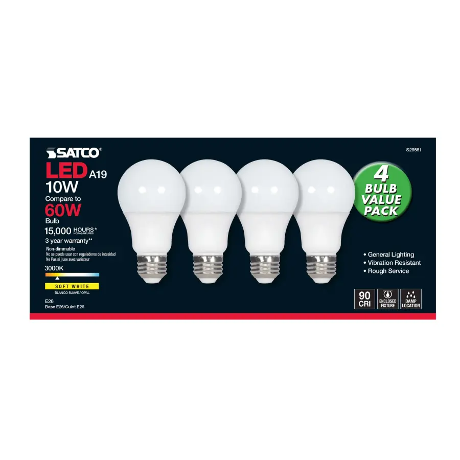 10 Watt - A19 LED - Frosted - 3000K - Medium base - 120 Volt - 4-pack - Image 3