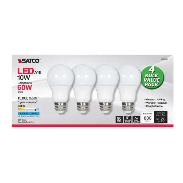 10 Watt - A19 LED - Frosted - 5000K - Medium base - 120 Volt - 4-pack - Image 2