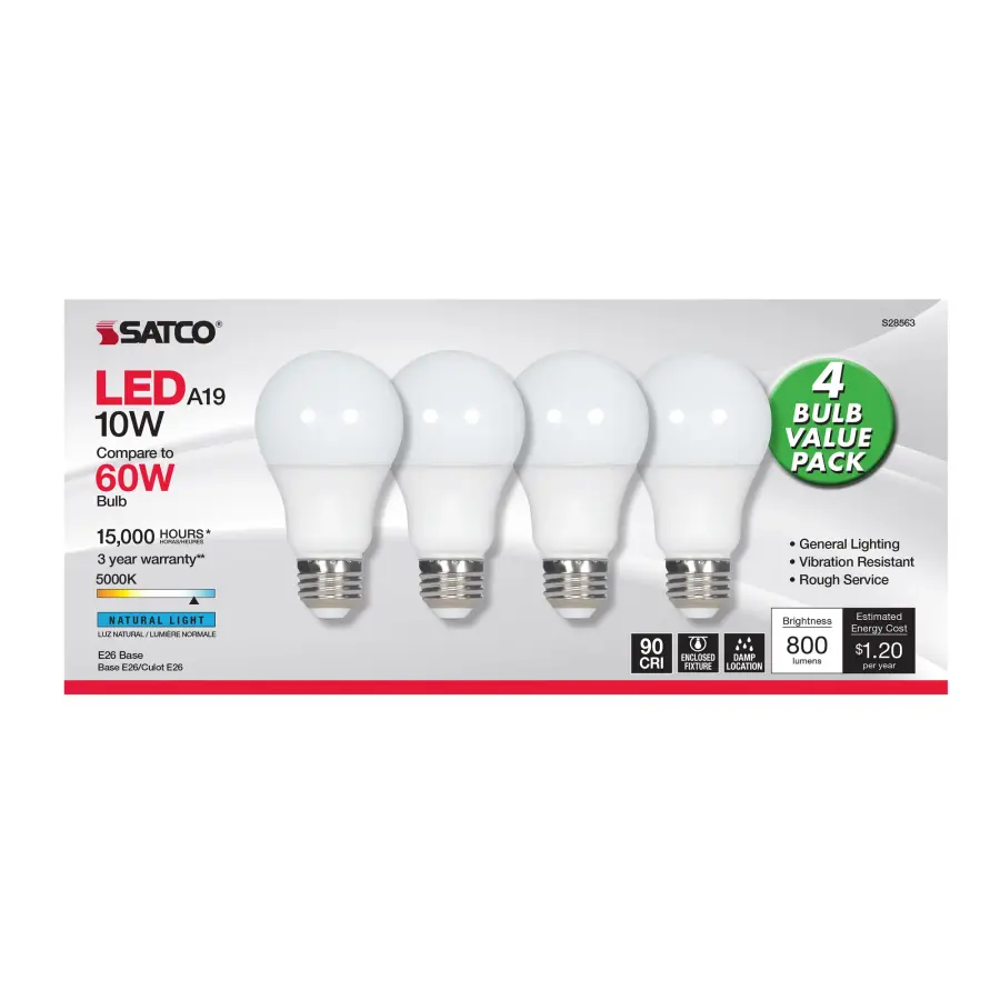 10 Watt - A19 LED - Frosted - 5000K - Medium base - 120 Volt - 4-pack - Image 2