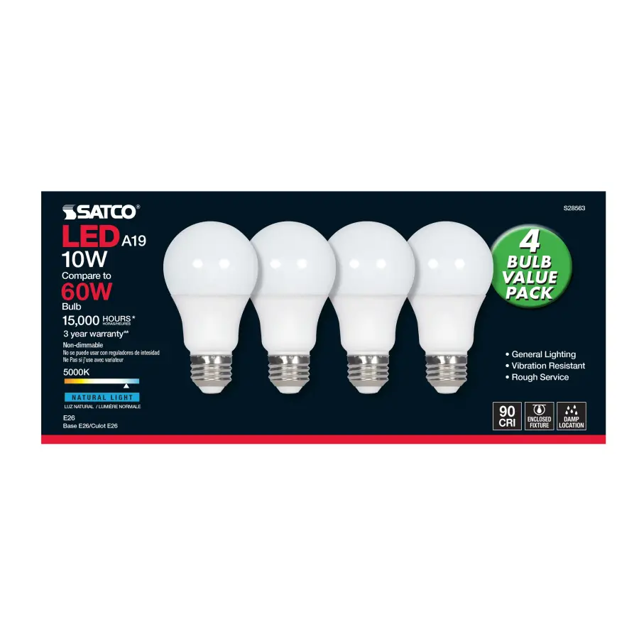 10 Watt - A19 LED - Frosted - 5000K - Medium base - 120 Volt - 4-pack - Image 3