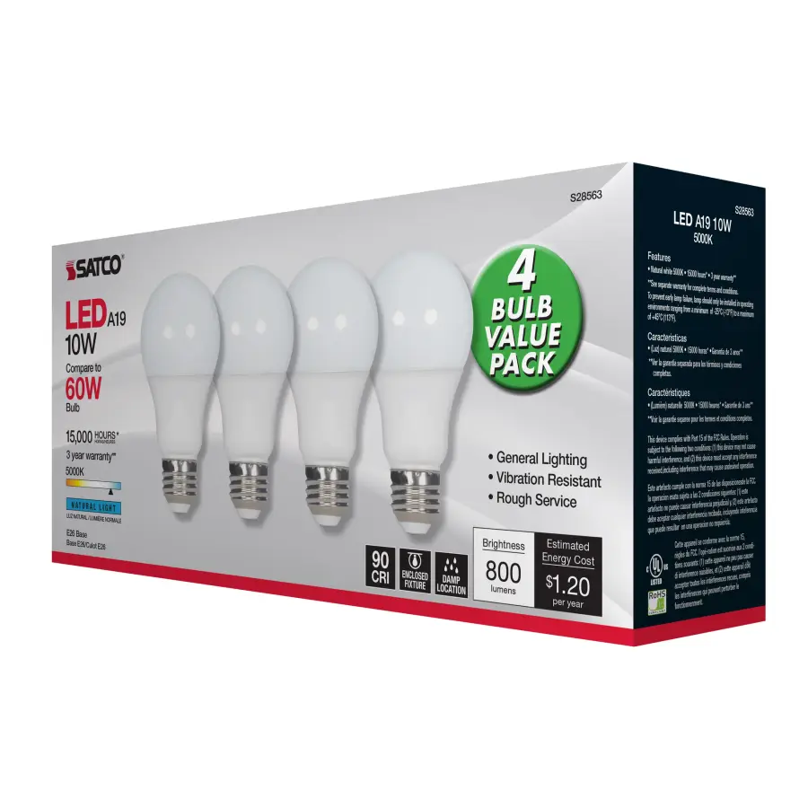 10 Watt - A19 LED - Frosted - 5000K - Medium base - 120 Volt - 4-pack - Image 6