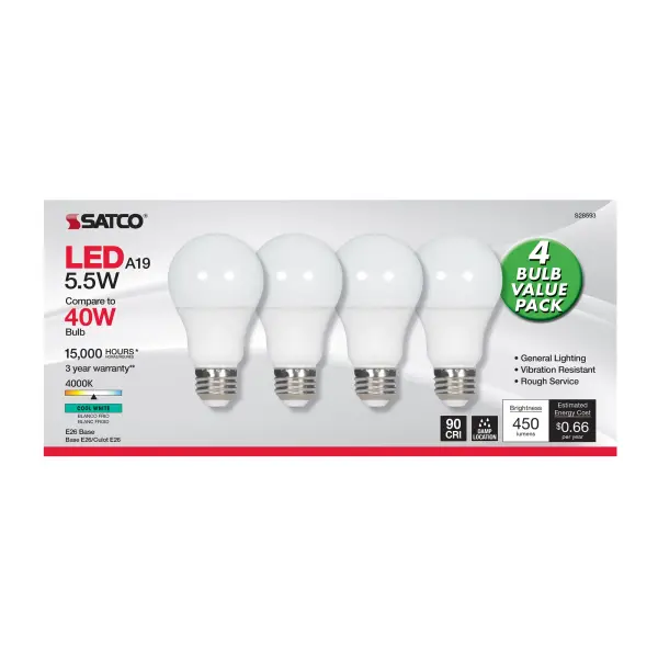 5.5 Watt - A19 LED - Frosted - 4000K - Medium base - 120 Volt - 4-pack - Image 2