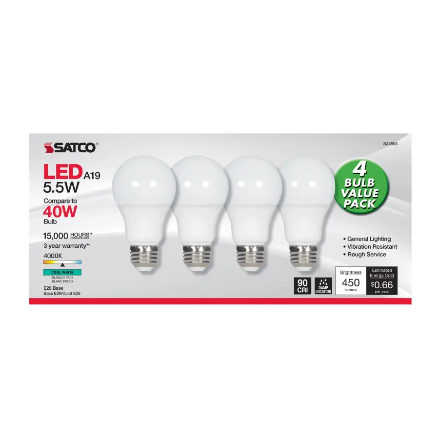 5.5 Watt - A19 LED - Frosted - 4000K - Medium base - 120 Volt - 4-pack - Image 2