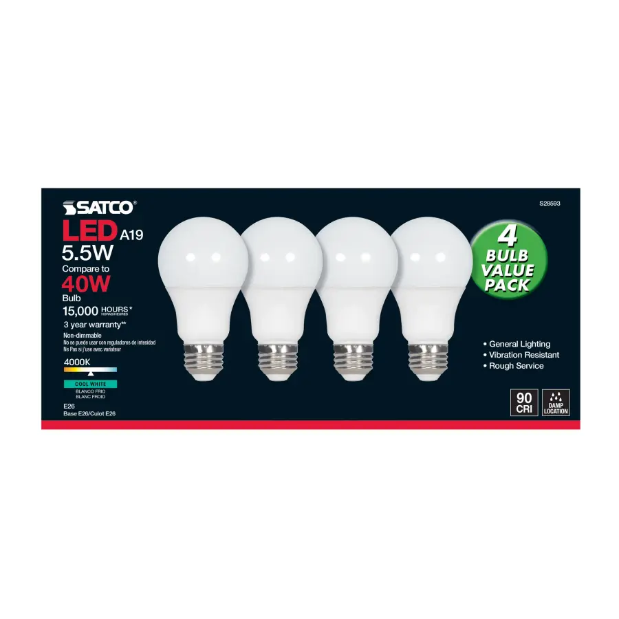 5.5 Watt - A19 LED - Frosted - 4000K - Medium base - 120 Volt - 4-pack - Image 3