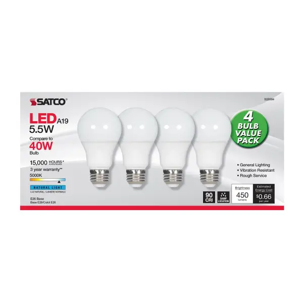 5.5 Watt - A19 LED - Frosted - 5000K - Medium base - 120 Volt - 4-pack - Image 2