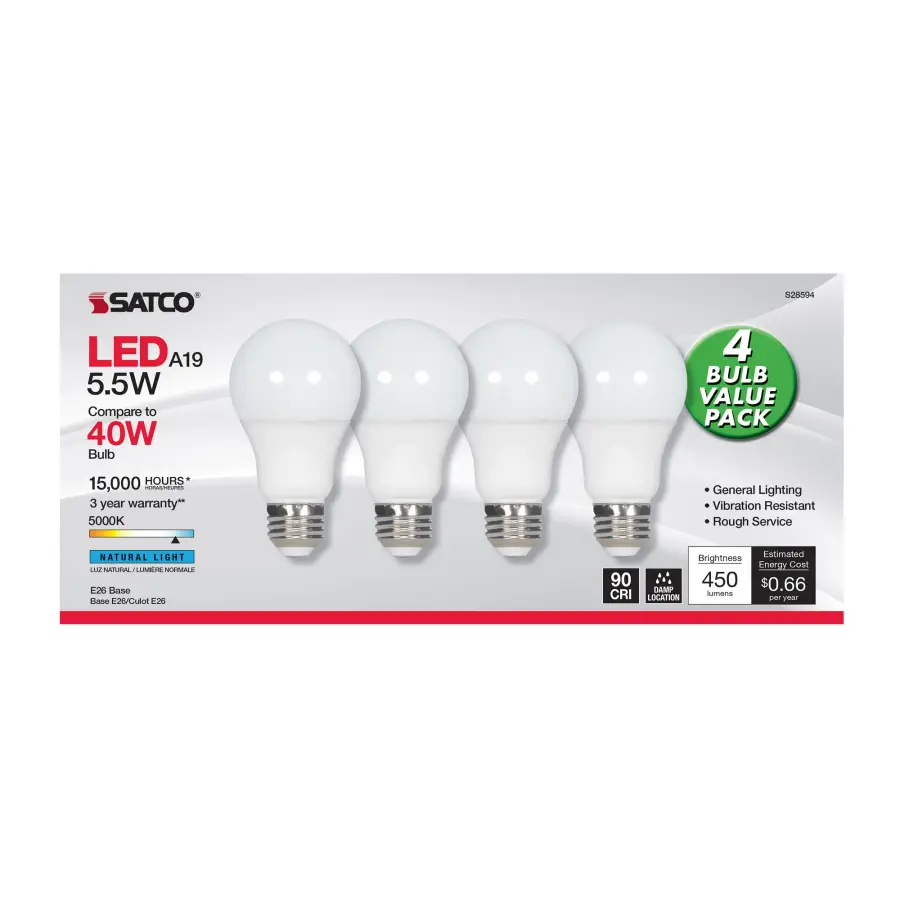 5.5 Watt - A19 LED - Frosted - 5000K - Medium base - 120 Volt - 4-pack - Image 2