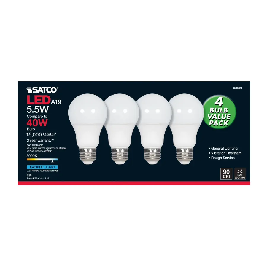 5.5 Watt - A19 LED - Frosted - 5000K - Medium base - 120 Volt - 4-pack - Image 3