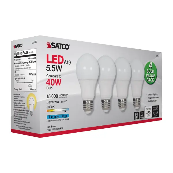 5.5 Watt - A19 LED - Frosted - 5000K - Medium base - 120 Volt - 4-pack - Image 8