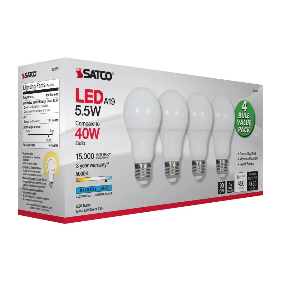 5.5 Watt - A19 LED - Frosted - 5000K - Medium base - 120 Volt - 4-pack - Image 8