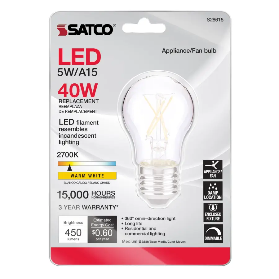 5 Watt A15 LED Filament - Clear - Medium base - 2700K - 120 Volt - Carded - Image 2