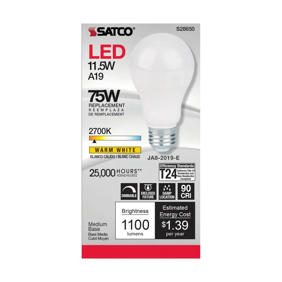 11.5 Watt - A19 LED - 90CRI - 2700K - Medium base - 220 deg. Beam Angle - 120 Volt - 1100 Lumens - CEC - Image 2