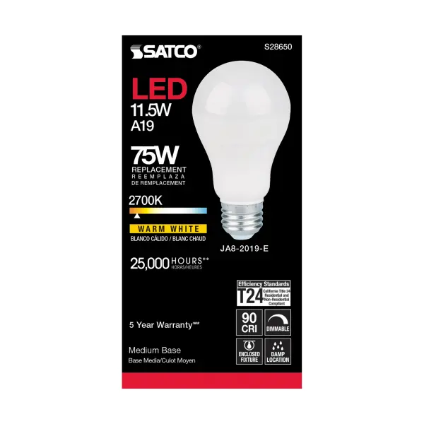 11.5 Watt - A19 LED - 90CRI - 2700K - Medium base - 220 deg. Beam Angle - 120 Volt - 1100 Lumens - CEC - Image 3